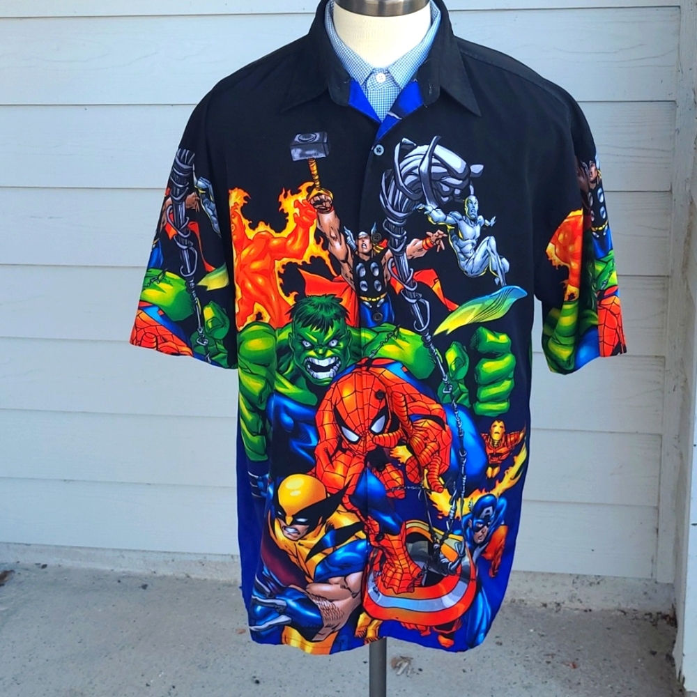 SUPER HEROS Marvel Comics Hulk‎ Spiderman Double Sided Sz XL Shirt VTG 2001 Y2K